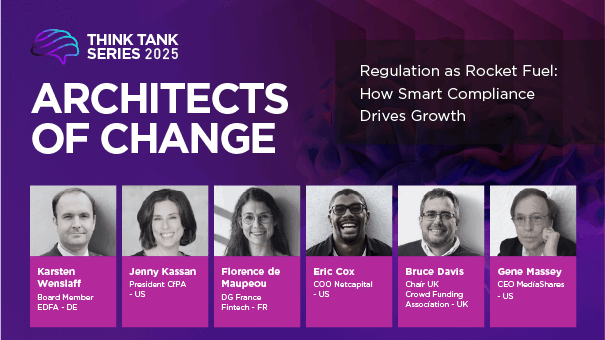 Group of six global crowdfunding leaders in a virtual roundtable discussing how smarter, harmonized compliance, ECSPR, investor protection, and AI tools can turn regulation into growth for equity crowdfunding platforms.