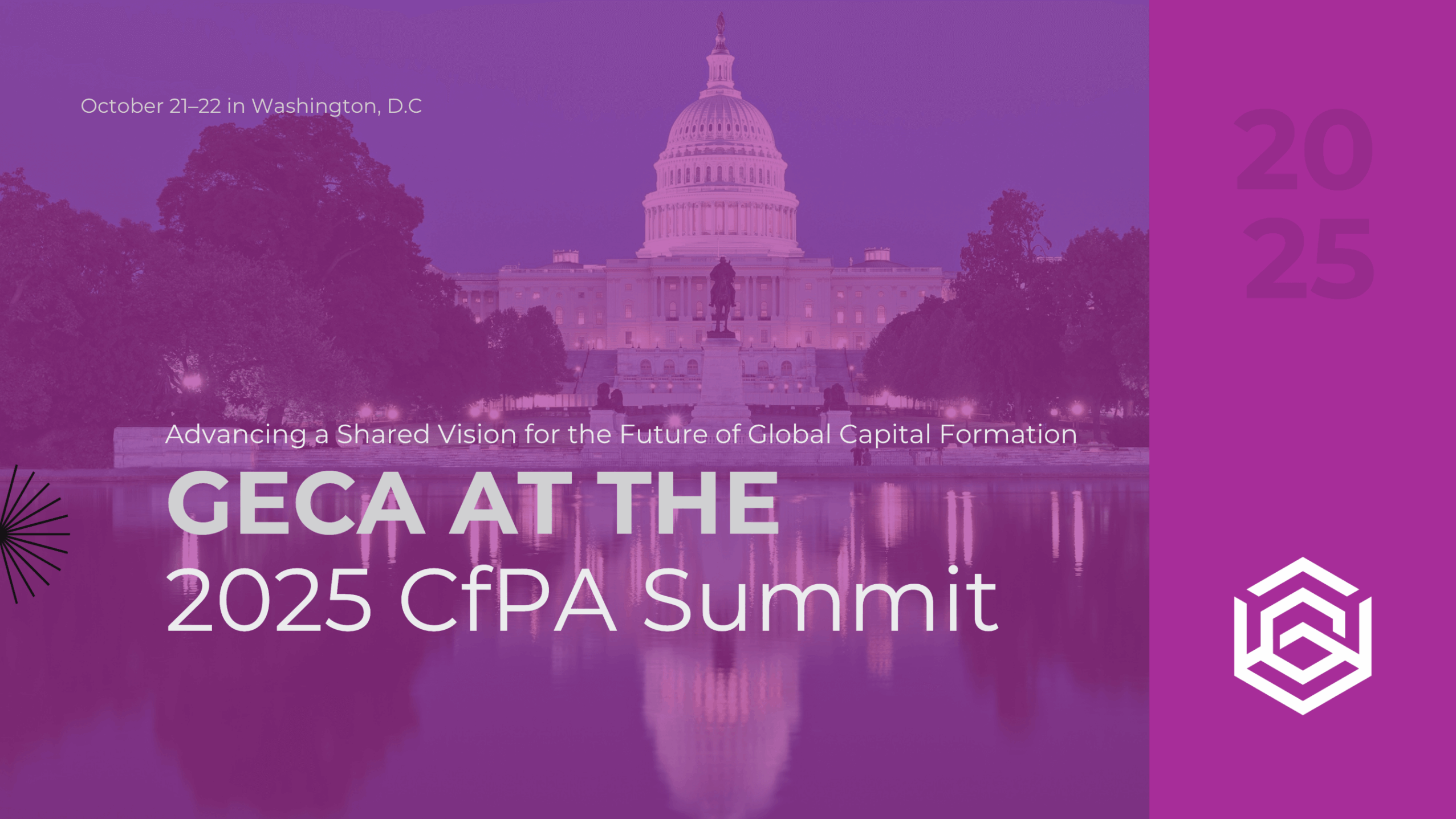 Washington DC skyline with GECA at 2025 CfPA Summit title overlay - Global Equity Crowdfunding Alliance participation in regulated investment crowdfunding conference