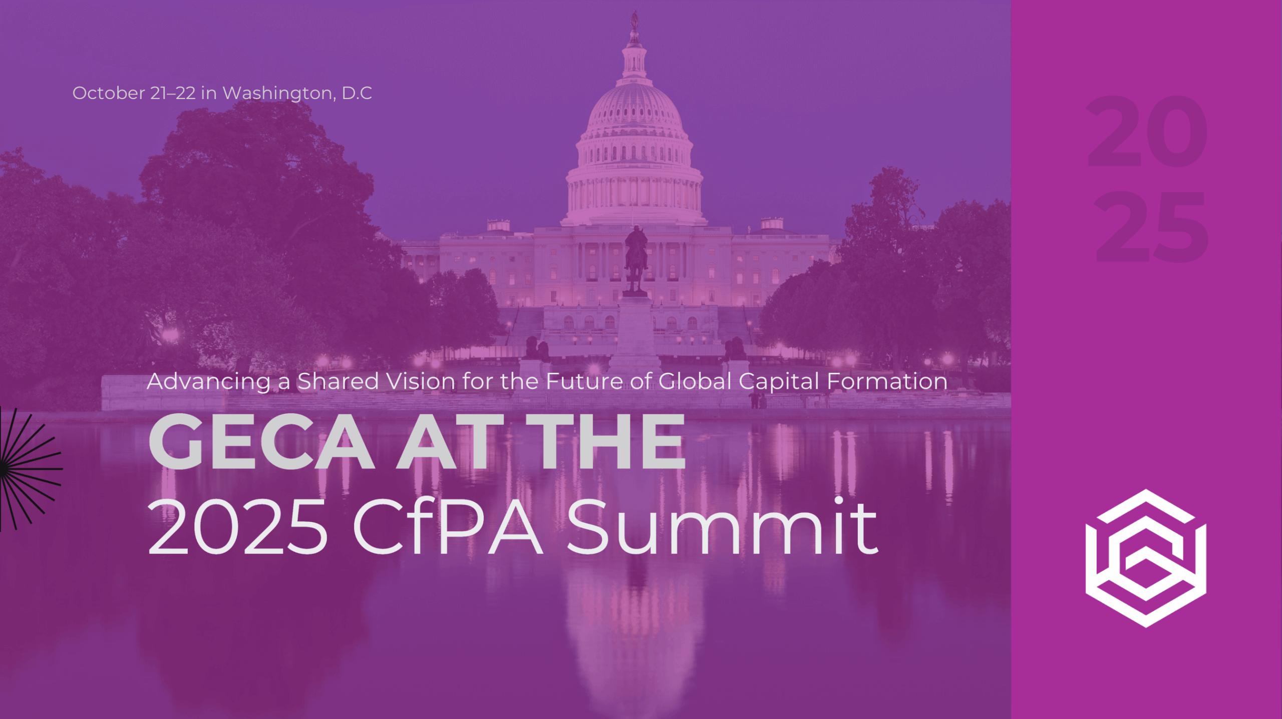 Washington DC skyline with GECA at 2025 CfPA Summit title overlay - Global Equity Crowdfunding Alliance participation in regulated investment crowdfunding conference
