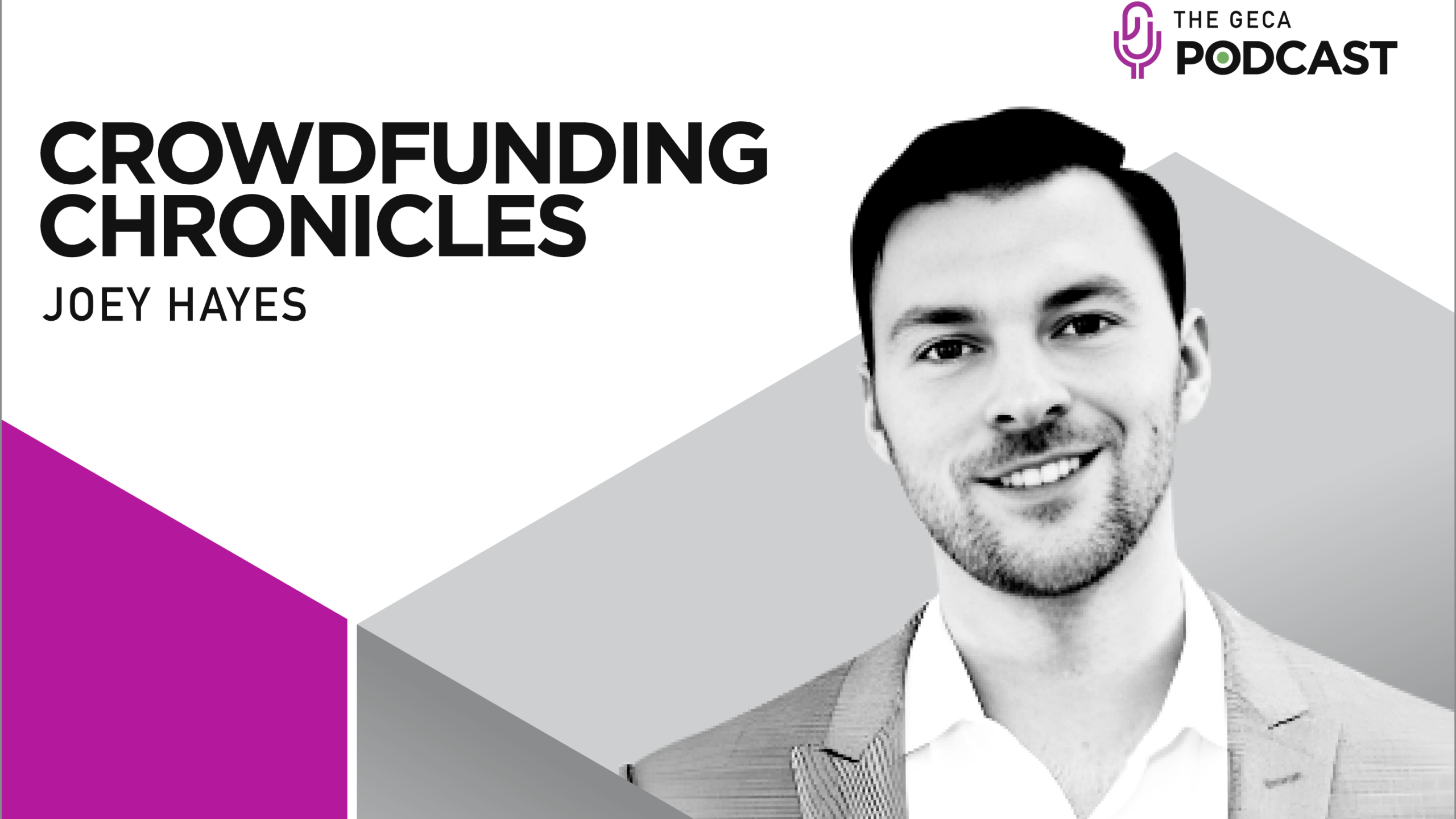 Joey Hayes, entrepreneur and founder of THRU platform, podcast guest on Global Equity Crowdfunding Alliance GECA Podcast. Hayes, who has invested in over 65 startups and previously worked at Booking.com, discusses post-raise investor engagement strategies, cap table activation, and how crowdfunding founders can transform passive investors into active growth partners. Professional headshot with GECA Podcast branding for episode on unlocking hidden value in investor communities.